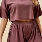 Mauve cropped pajama T-shirt and matching elastic-waist shorts set