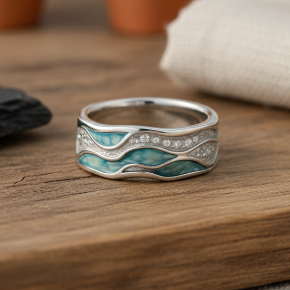 Turquoise wave silver ring with engraved texture and subtle sparkle accents