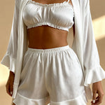 Angie satin pajama set in white: ruched cropped camisole and ruffle shorts with robe