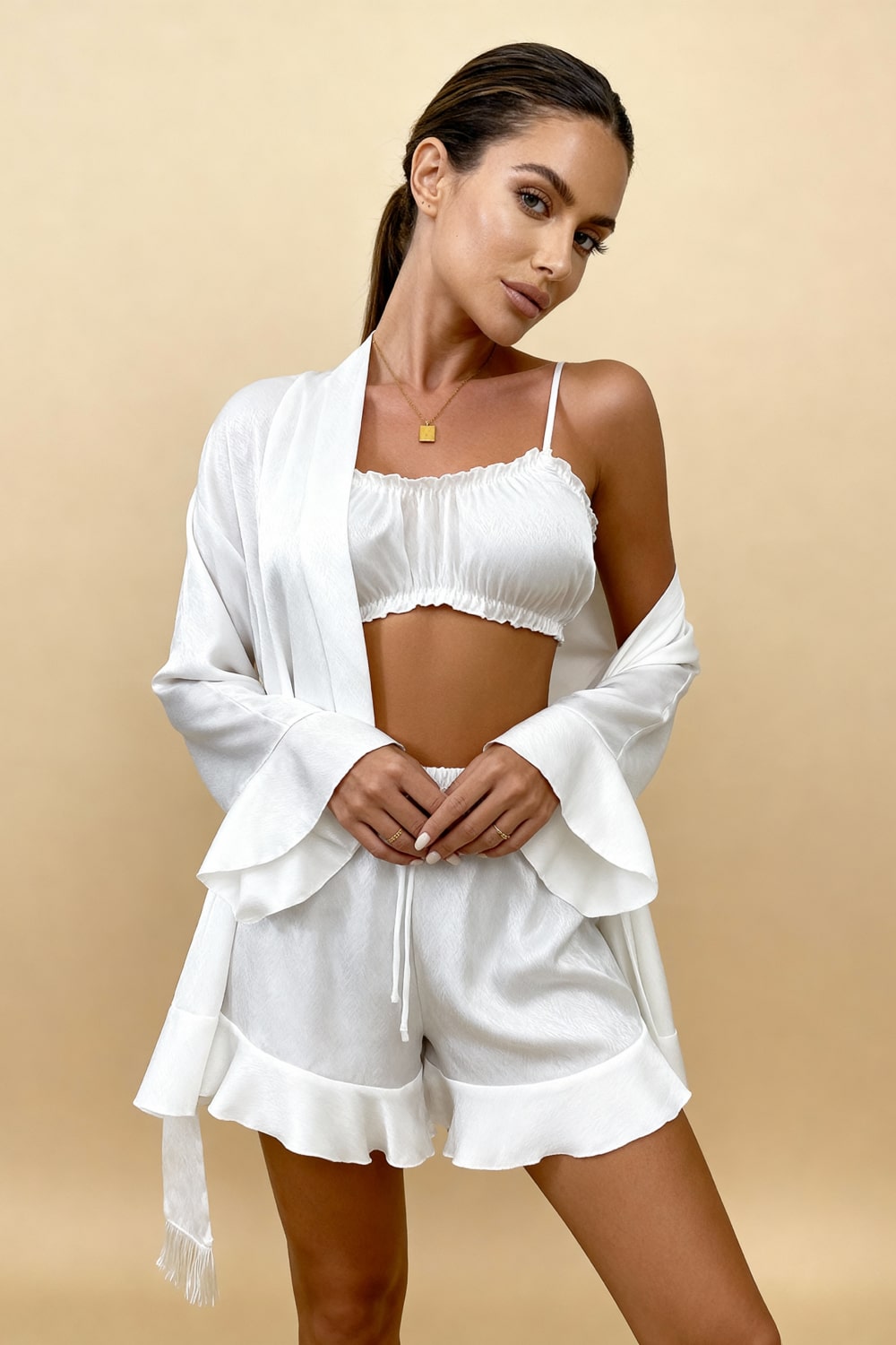 Angie satin pajama set in white: ruched cropped camisole with robe and ruffle shorts