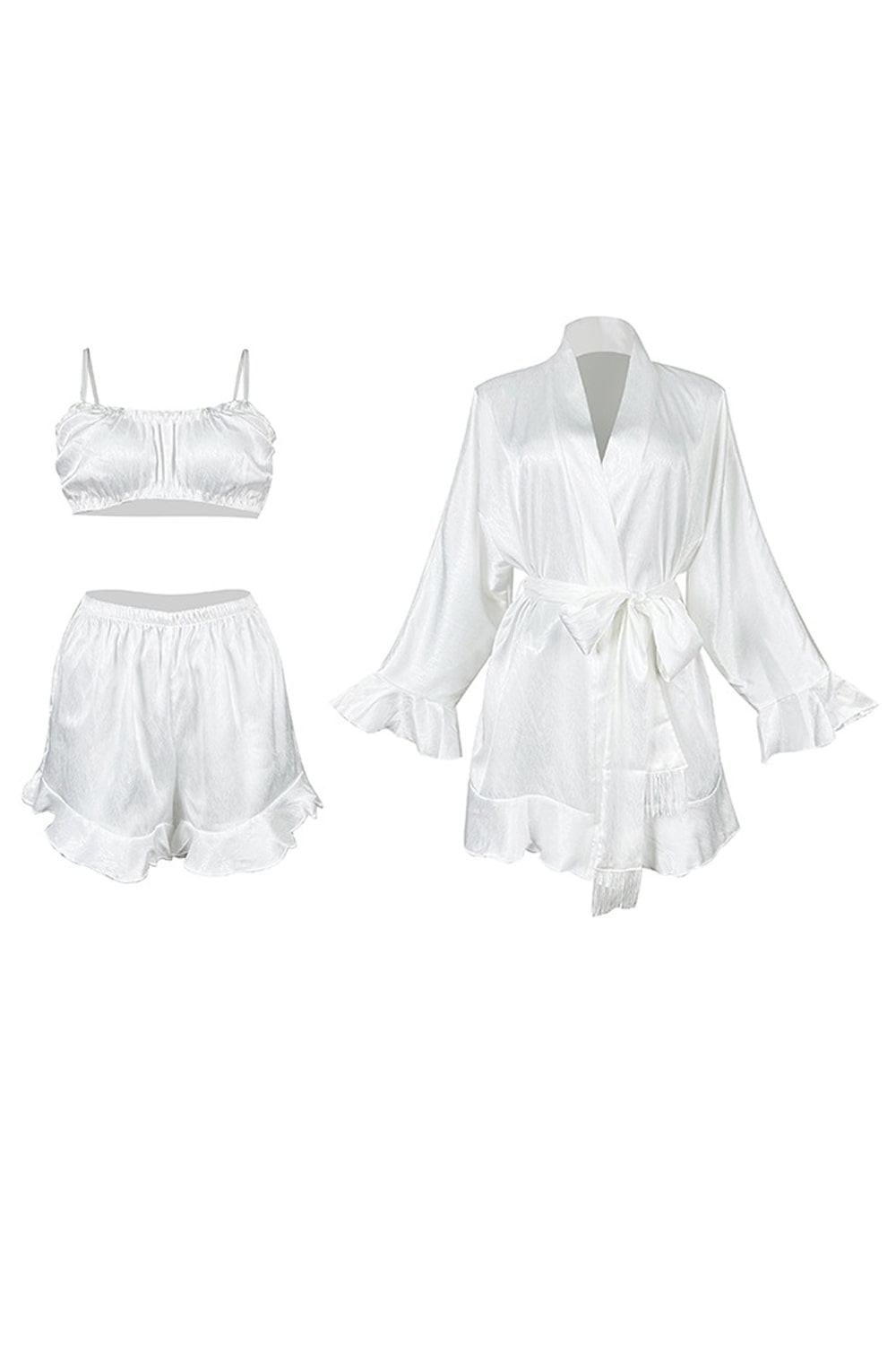 Angie satin pajama set flat lay: cropped camisole, ruffle shorts, and robe