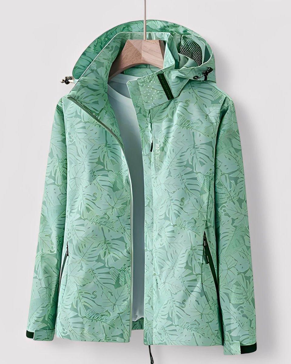 Light green hooded jacket with full-zip, leaf pattern, and black trim
