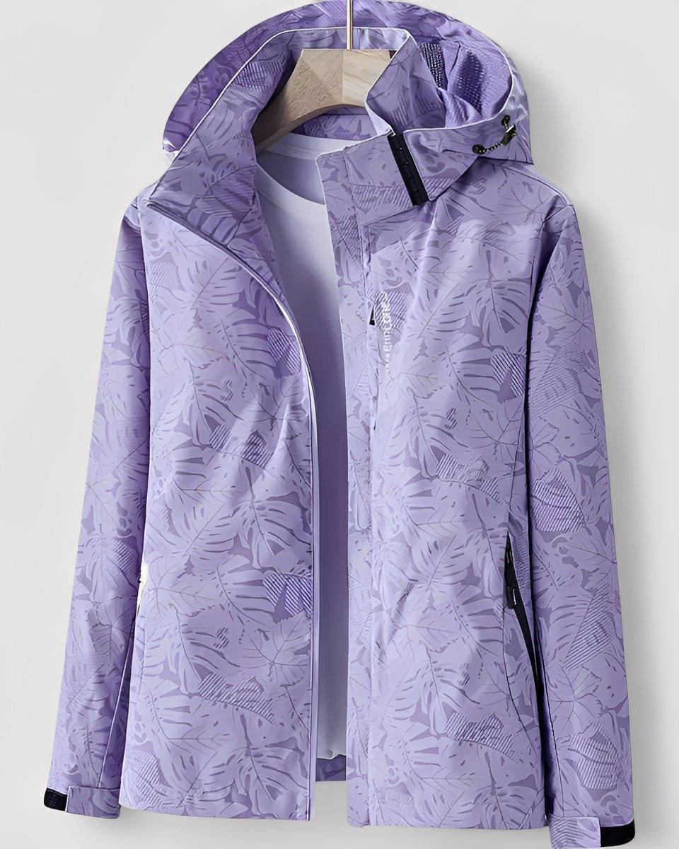 Lavender hooded jacket with full-zip and leaf pattern, black zip accents