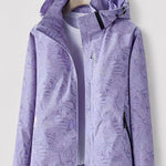 Lavender hooded jacket with full-zip and leaf pattern, black zip accents