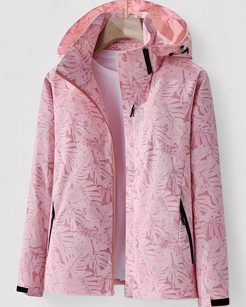 Rose pink hooded jacket with full-zip, leaf pattern, and black zip accents