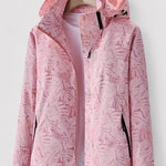 Rose pink hooded jacket with full-zip, leaf pattern, and black zip accents