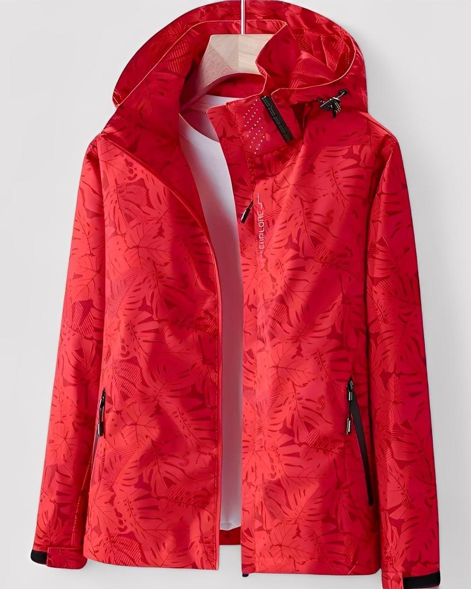 Red hooded jacket with full-zip and leaf pattern, black-trim zip pockets