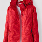 Red hooded jacket with full-zip and leaf pattern, black-trim zip pockets