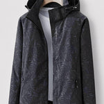 Black hooded jacket with full-zip and leaf pattern, black zip accents