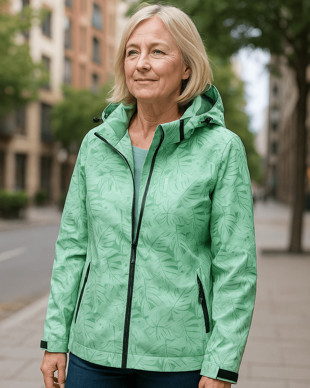Green hooded jacket with full-zip, leaf pattern, and zip side pockets