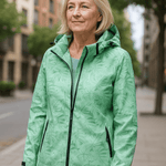 Green hooded jacket with full-zip, leaf pattern, and zip side pockets