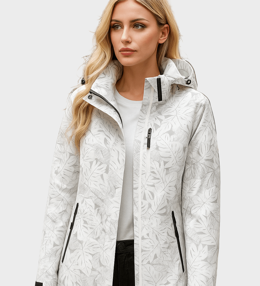 White hooded jacket with full-zip, leaf pattern, and zip pockets