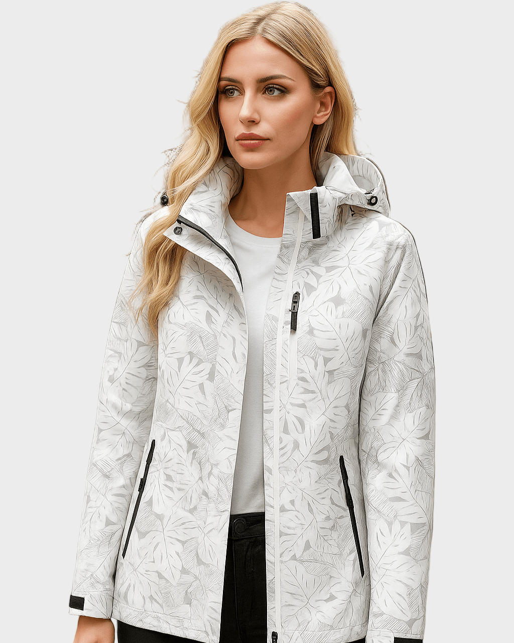 White hooded jacket with full-zip, leaf pattern, and zip pockets