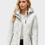 White hooded jacket with full-zip, leaf pattern, and zip pockets