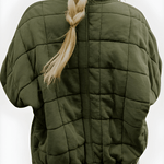 Olive green quilted puffer jacket back, full-zip, gathered hem and stand collar.