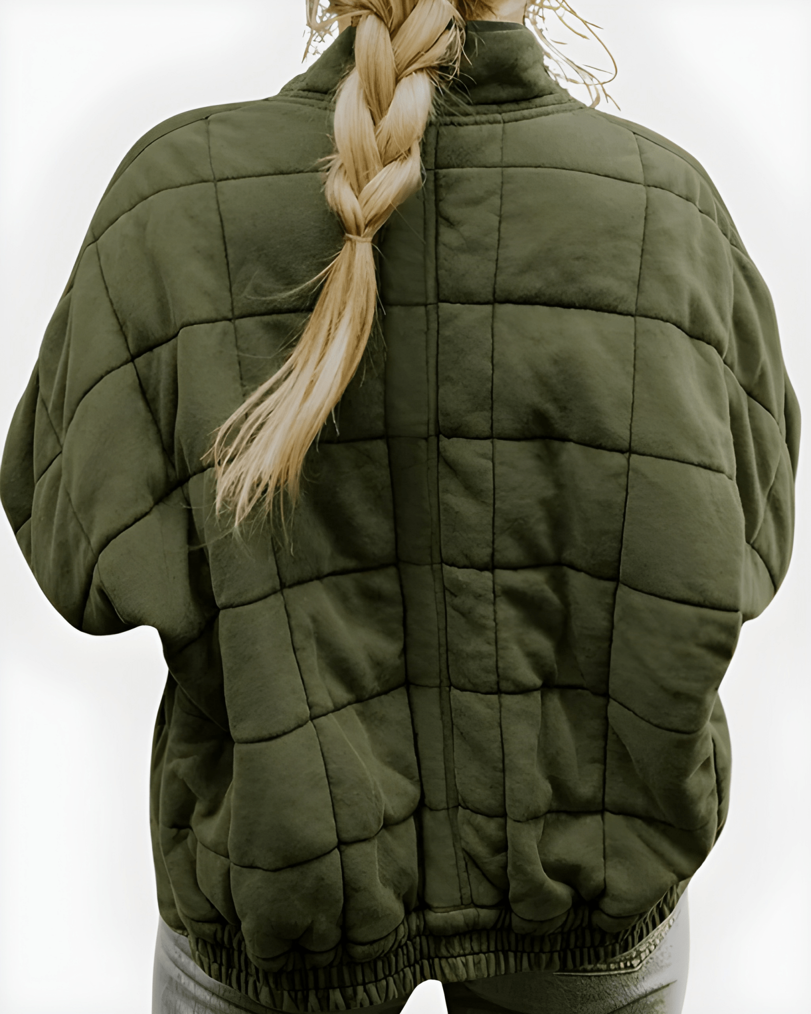 Olive green quilted puffer jacket back, full-zip, gathered hem and stand collar.