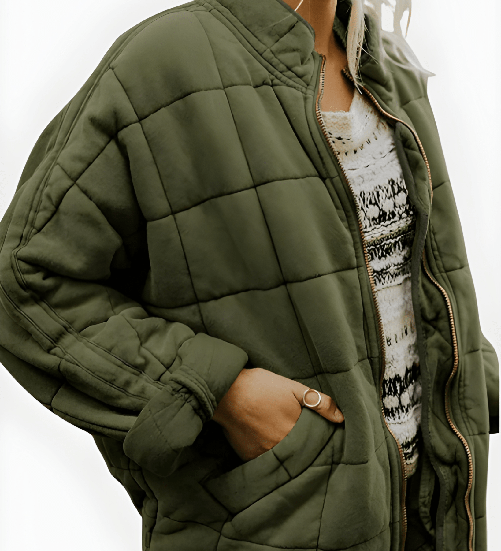 Olive green quilted puffer jacket with full zipper and side pockets, stand collar.