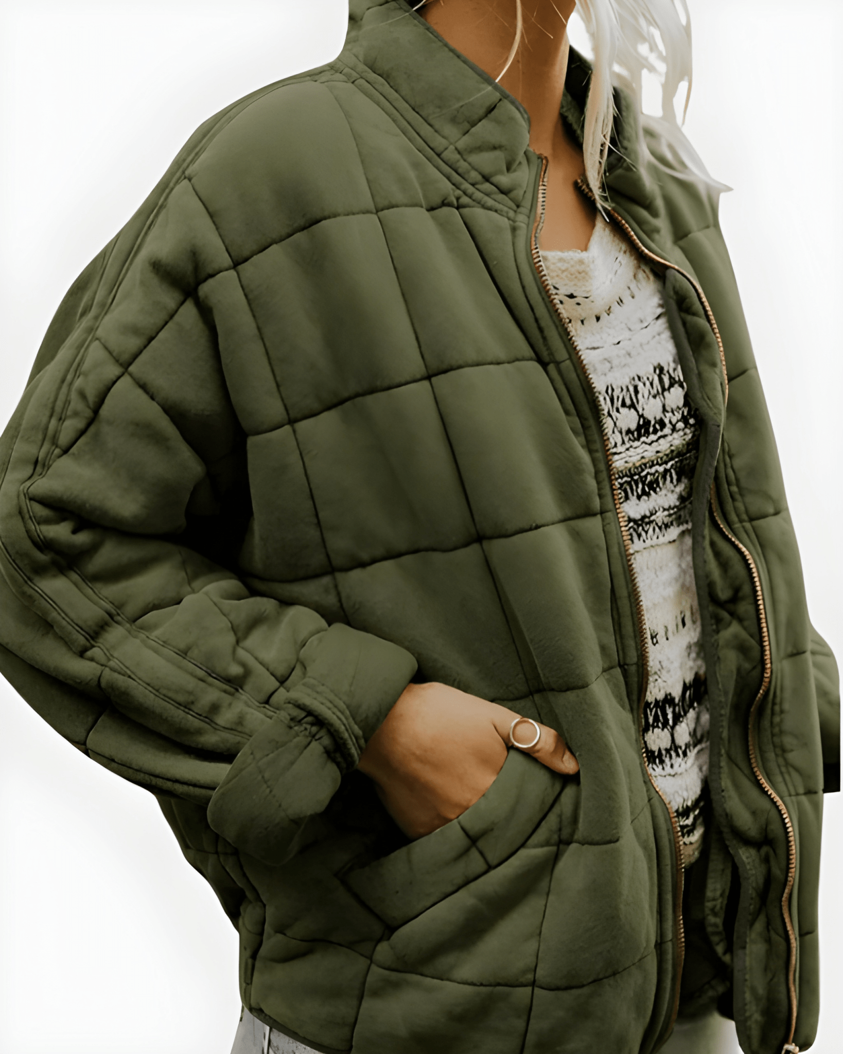 Olive green quilted puffer jacket with full zipper and side pockets, stand collar.