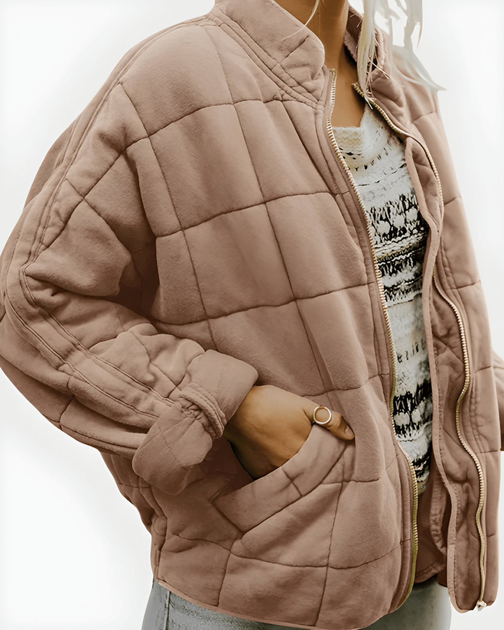 Beige/tan quilted puffer jacket, full-zip front and side pockets, stand collar.