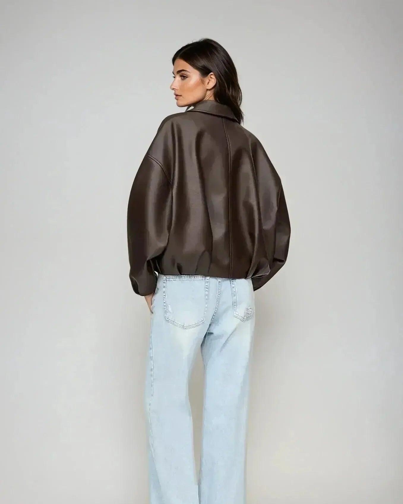 Brown zip-front oversized jacket, back view, belted waist