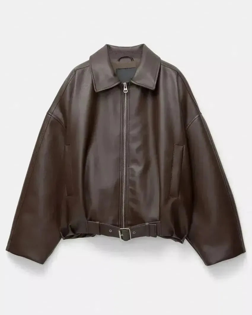 Brown oversized zip-up jacket on hanger with pointed collar and belted waist