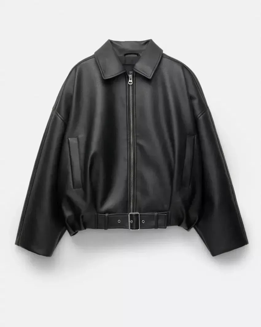 Black oversized zip-up jacket on hanger with pointed collar and front patch pockets
