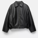 Black oversized zip-up jacket on hanger with pointed collar and front patch pockets