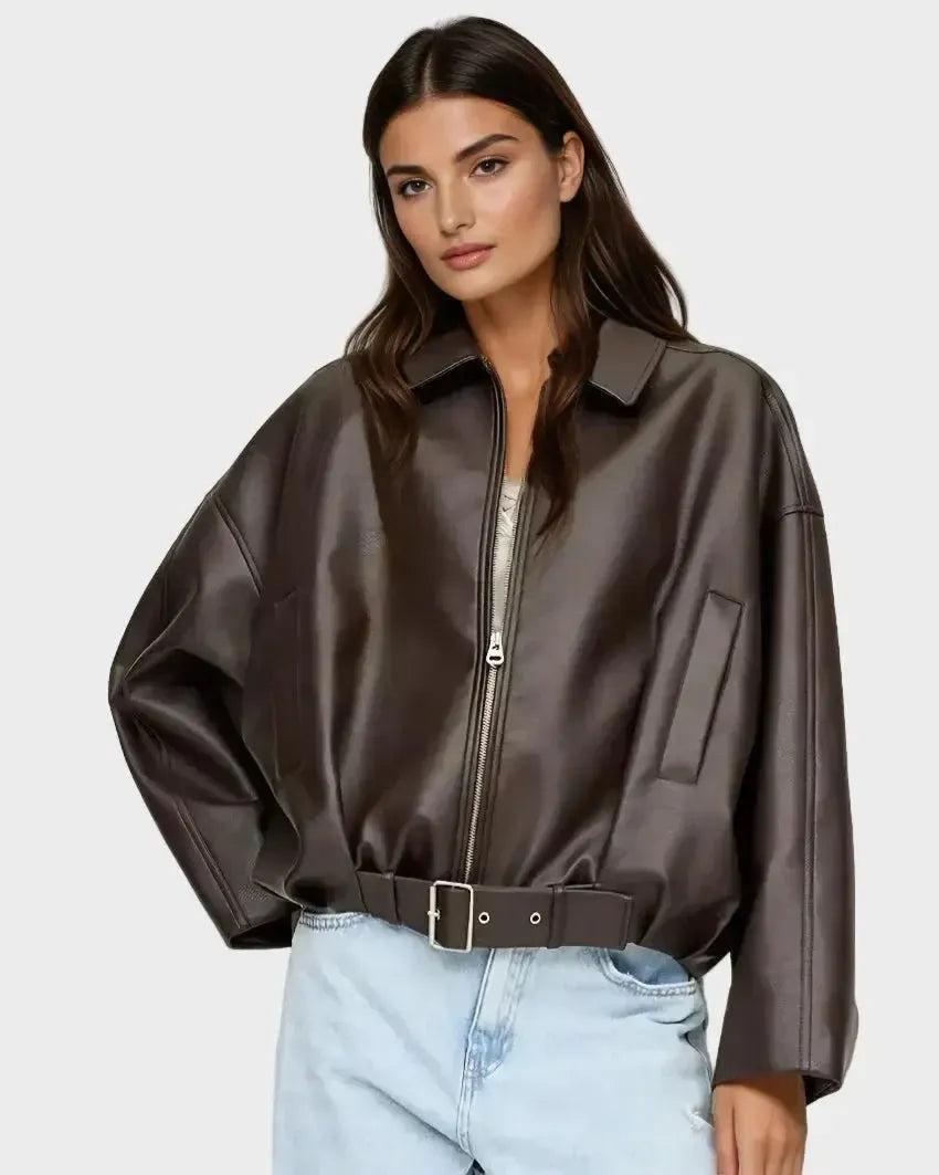 Brown zip-front oversized jacket with collar, belted waist, front patch pockets
