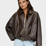 Brown zip-front oversized jacket with collar, belted waist, front patch pockets