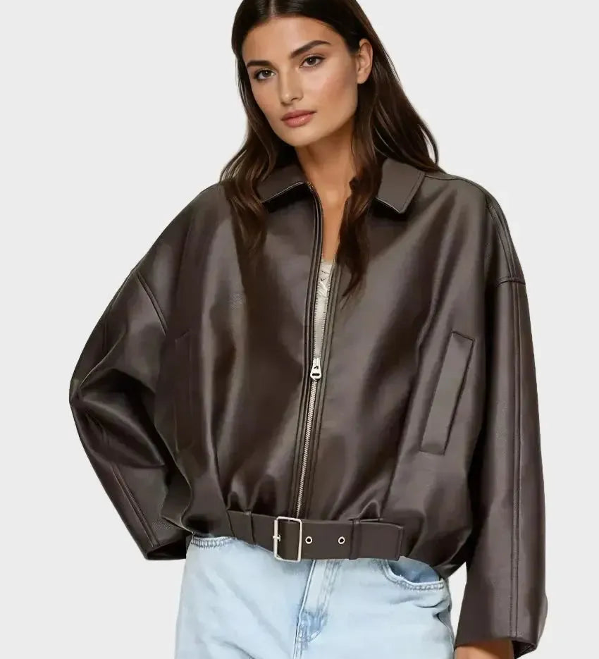 Brown zip-front oversized jacket with collar, belted waist, front patch pockets