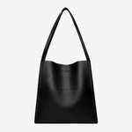 Black textured shoulder bag with top handles and front seam detail