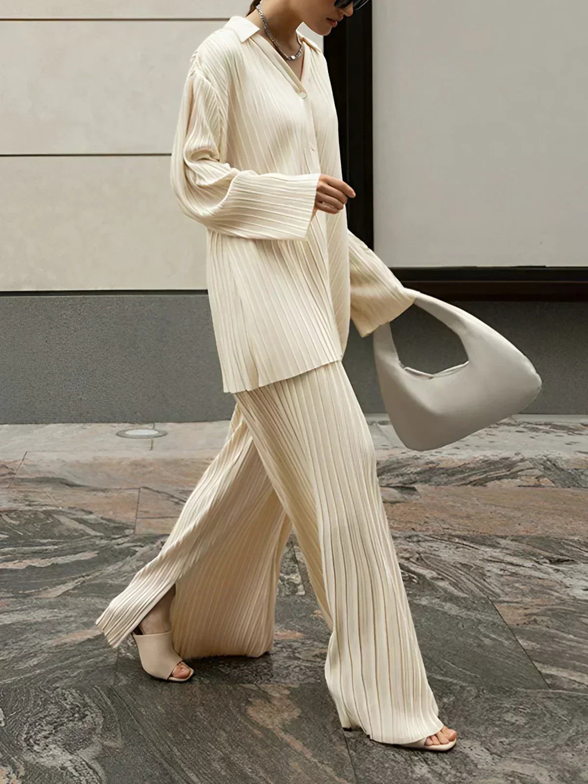 Beige pinstripe oversized button-up top and wide-leg pants set, pleated pockets