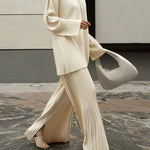 Beige pinstripe V-neck shirt and matching wide-leg pants, oversized two-piece set