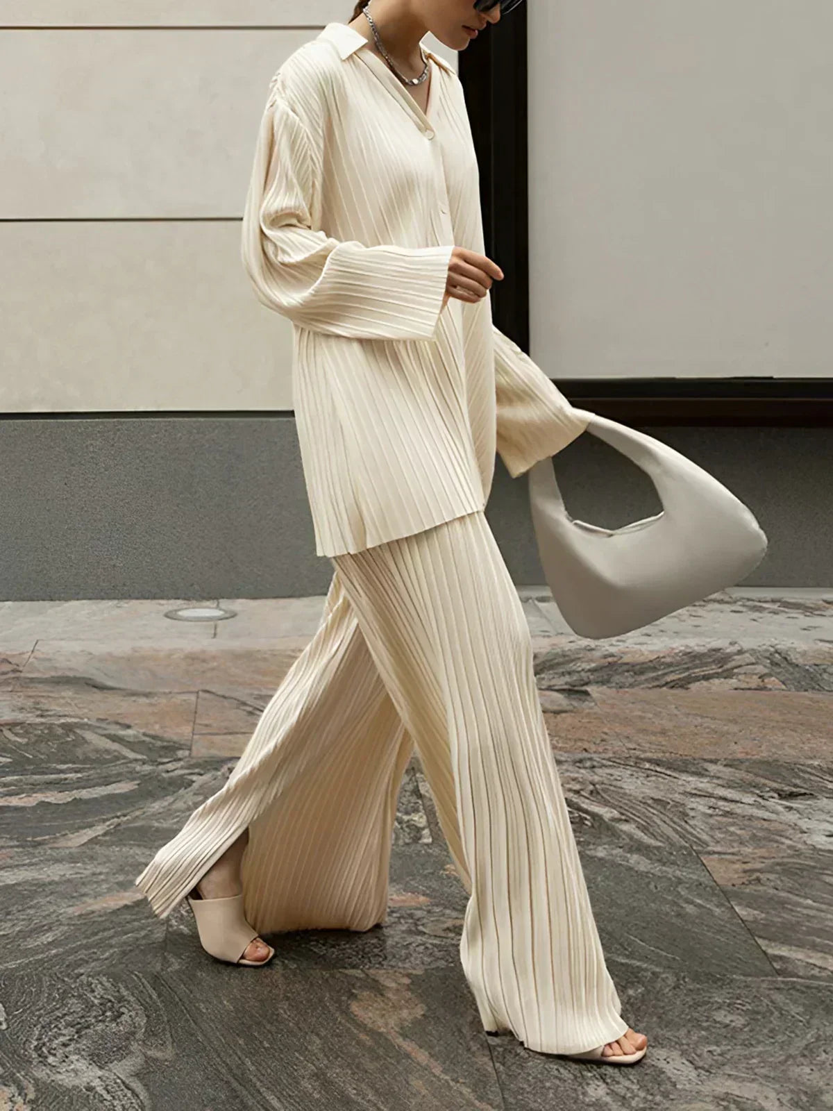 Beige pinstripe V-neck shirt and matching wide-leg pants, oversized two-piece set