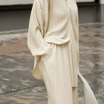 Beige pinstripe long-sleeve shirt and wide-leg pants set, pleated detail