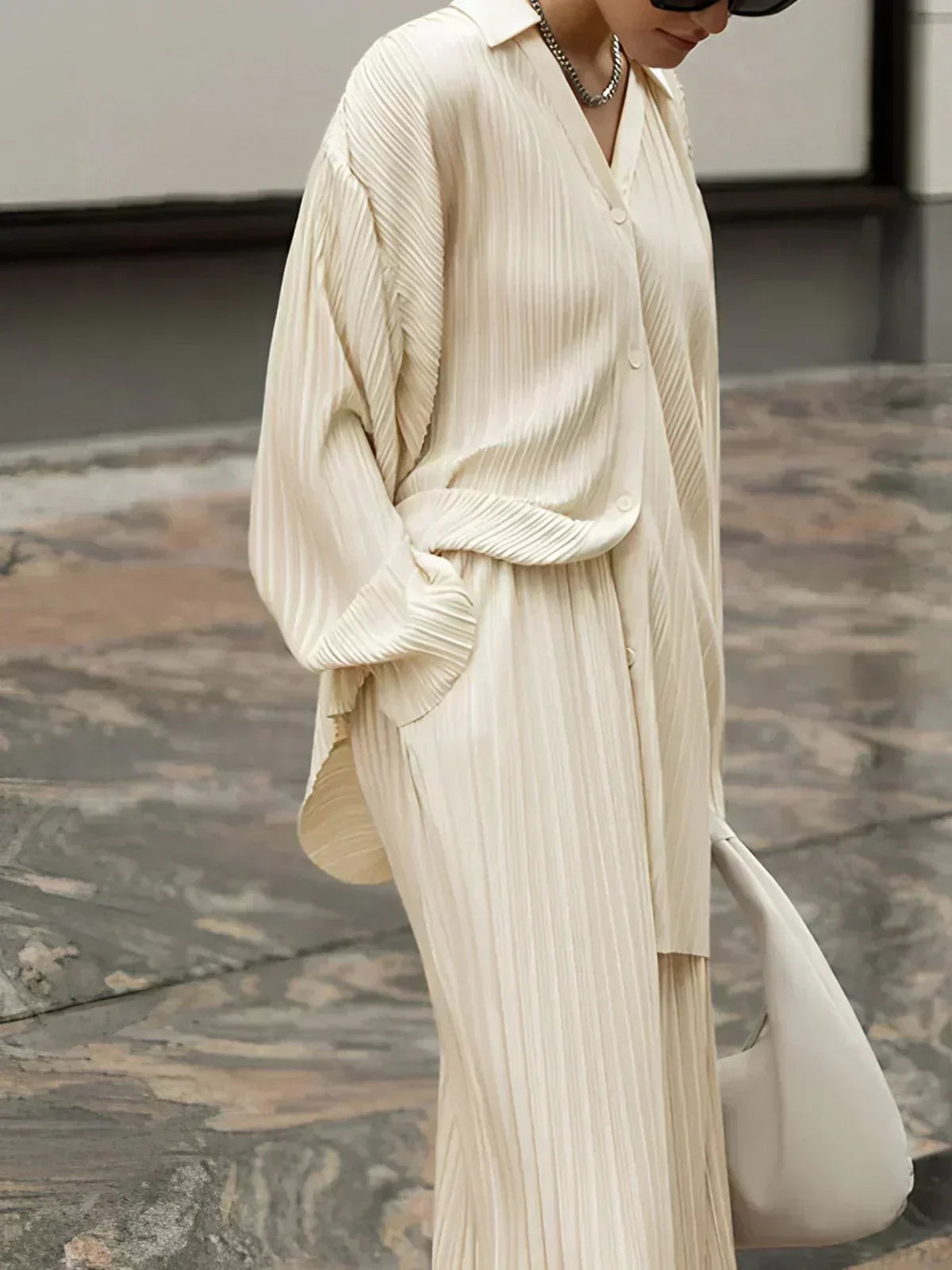 Beige pinstripe long-sleeve shirt and wide-leg pants set, pleated detail