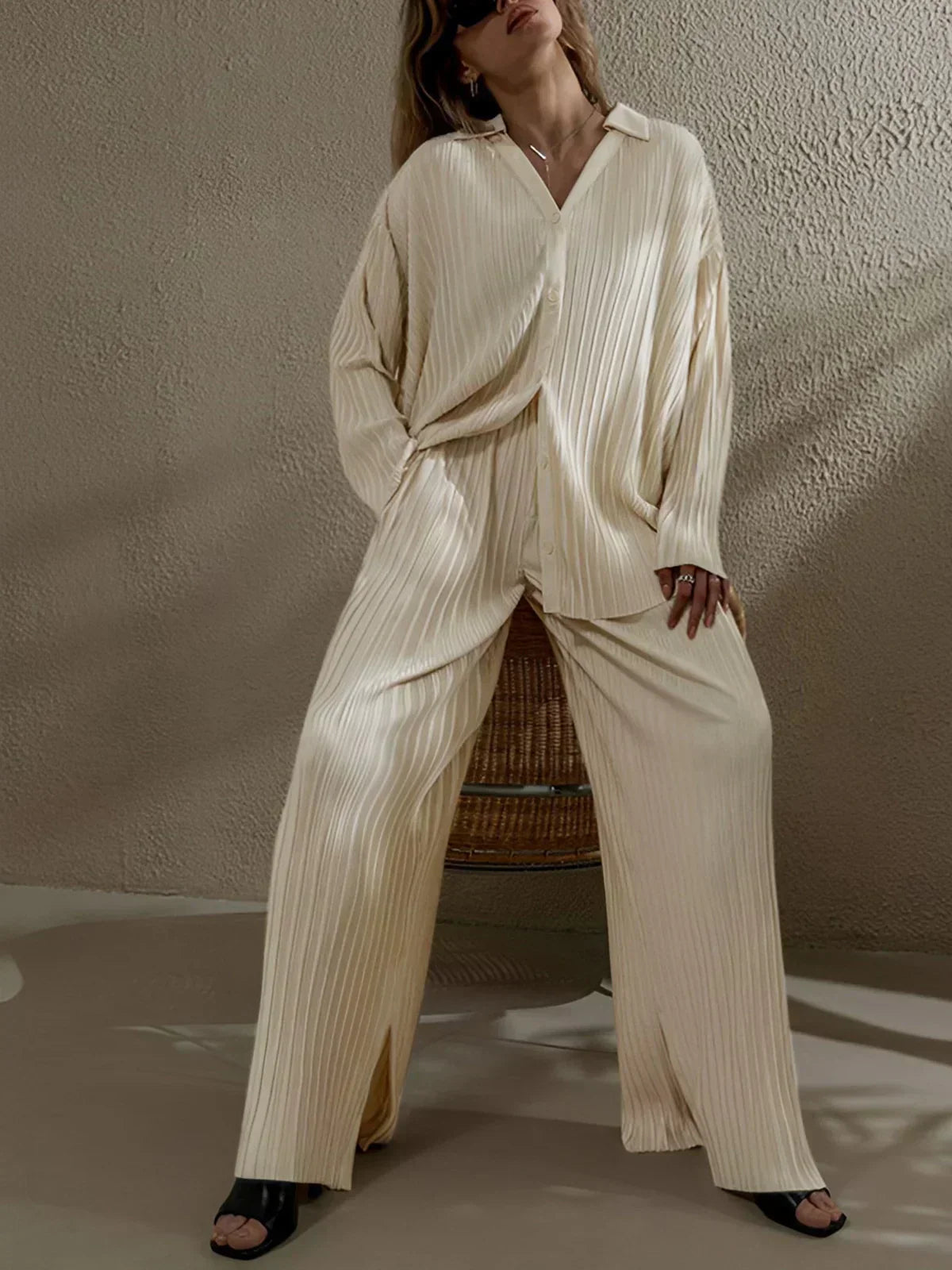 Beige pinstripe oversized shirt and wide-leg trousers set with relaxed fit