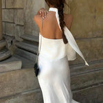White satin backless crop top and long maxi skirt, open back with tie strap