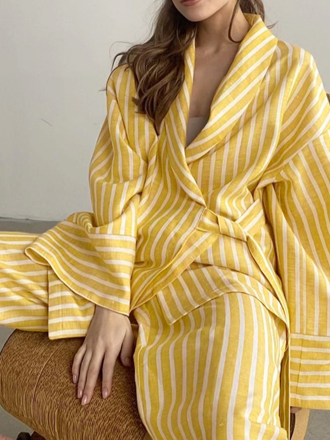 Yellow striped set with wrap-style top and gathered drawstring pants
