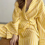 Yellow striped set with wrap-style top and gathered drawstring pants