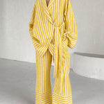Yellow striped set with tie-waist jacket top and wide-leg pants