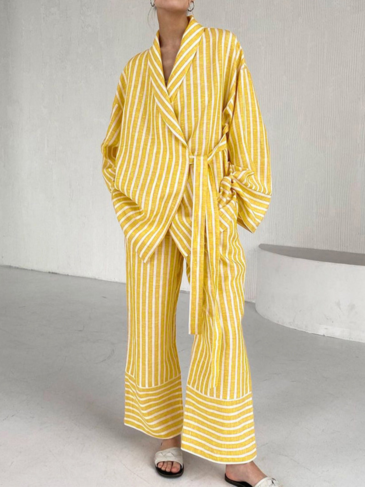 Yellow striped set with tie-waist jacket top and wide-leg pants