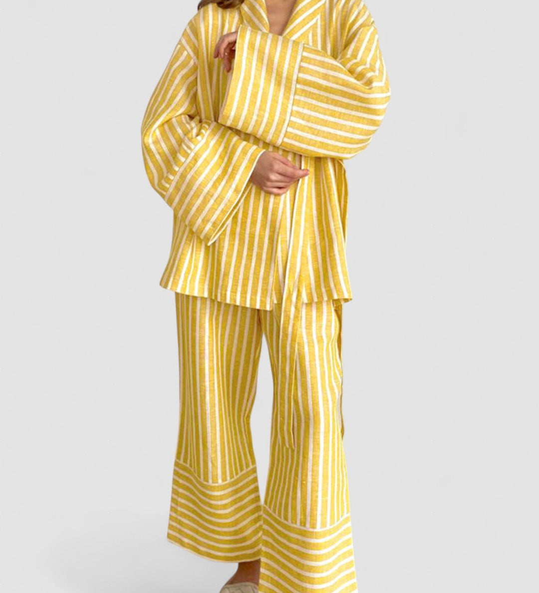 Yellow striped two-piece set: button shirt and wide-leg trousers