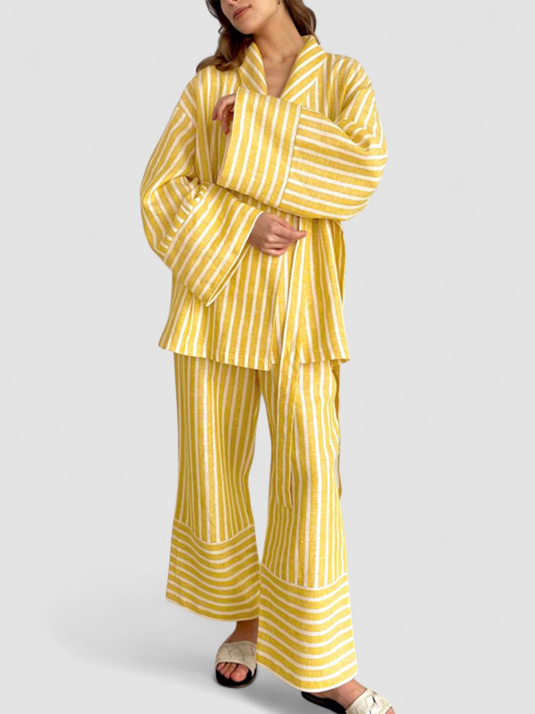 Yellow striped two-piece set: button shirt and wide-leg trousers