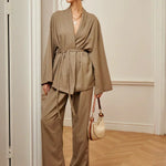 Women’s khaki wrap blouse and wide-leg pants set with waist belt tie, relaxed fit