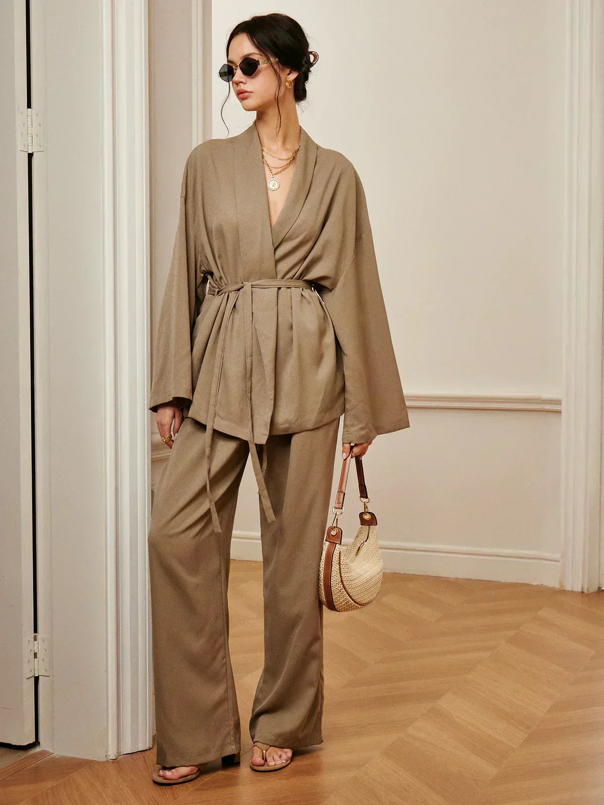 Women’s khaki wrap blouse and wide-leg pants set with waist belt tie, relaxed fit