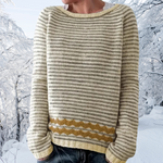 Beige striped knit sweater with ribbed cuffs and hem, relaxed crew neckline