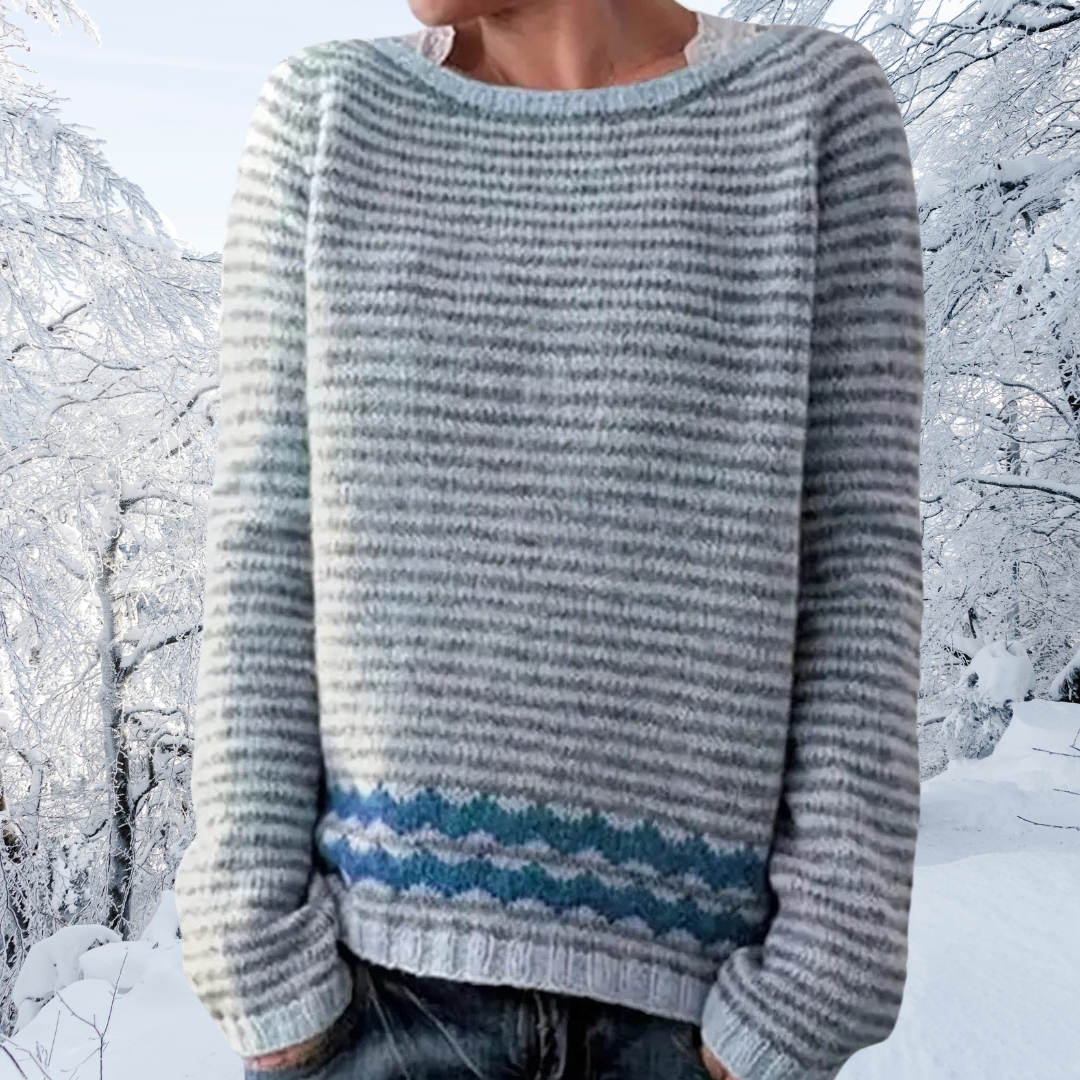 Striped knit sweater with crew neck, long sleeves, ribbed cuffs and hem, blue trim at bottom