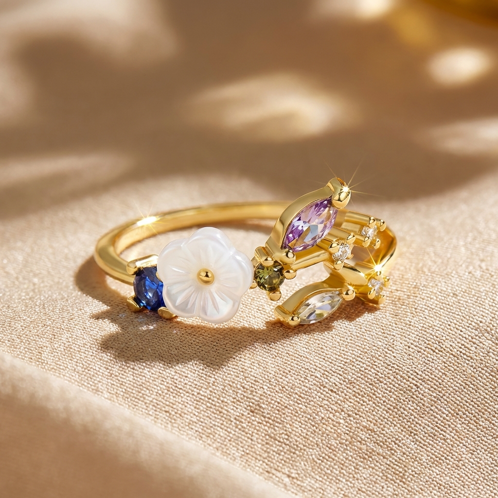 Gold-tone ring with white flower and purple and clear crystals, golden branch
