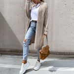 Long taupe knit cardigan with open front, ribbed cuffs, textured knit fabric.